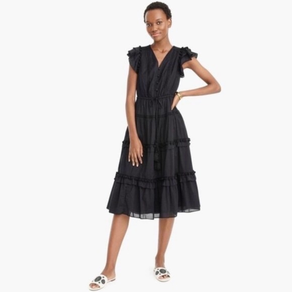 J.Crew Pom Pom Midi Dress Black 2 Blogger Favorite Flutter Sleeve NWOT - Picture 5 of 7